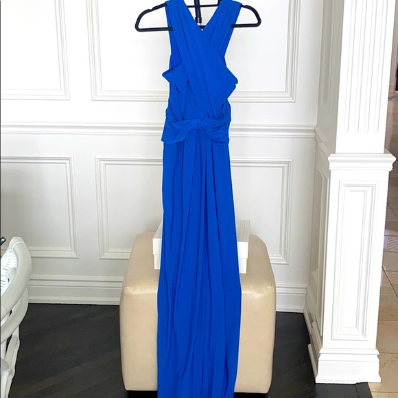 Halston Heritage Crisscross Neck Blue Jersey Gown - Picture 2 of 4